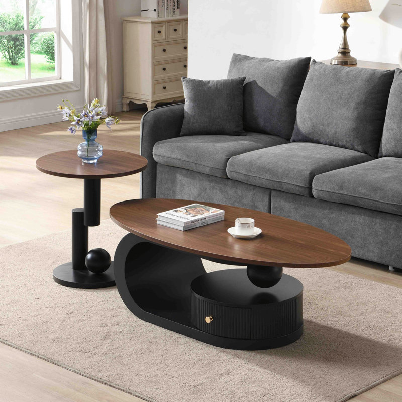 Ensemble de 2 tables basses gigognes, tables avec rangement pour le salon, ensemble de tables ovales et rondes, table centrale, table de cocktail, table d'appoint, grande taille de 47,24 po, petite de 19,69 po
