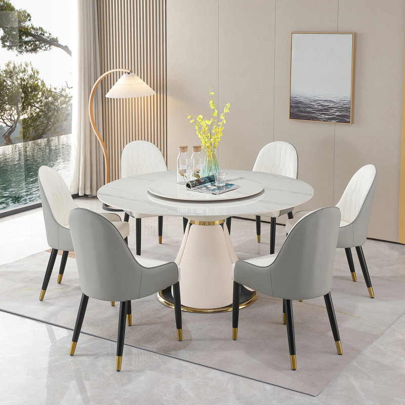"Table de salle à manger en pierre frittée" avec piédestal en bois et métal