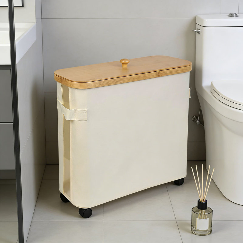 Panier de rangement pour papier hygiénique avec couvercle en bambou et fenêtre visuelle - Organisateur de salle de bain en tissu imperméable, porte-papier hygiénique sur pied pliable