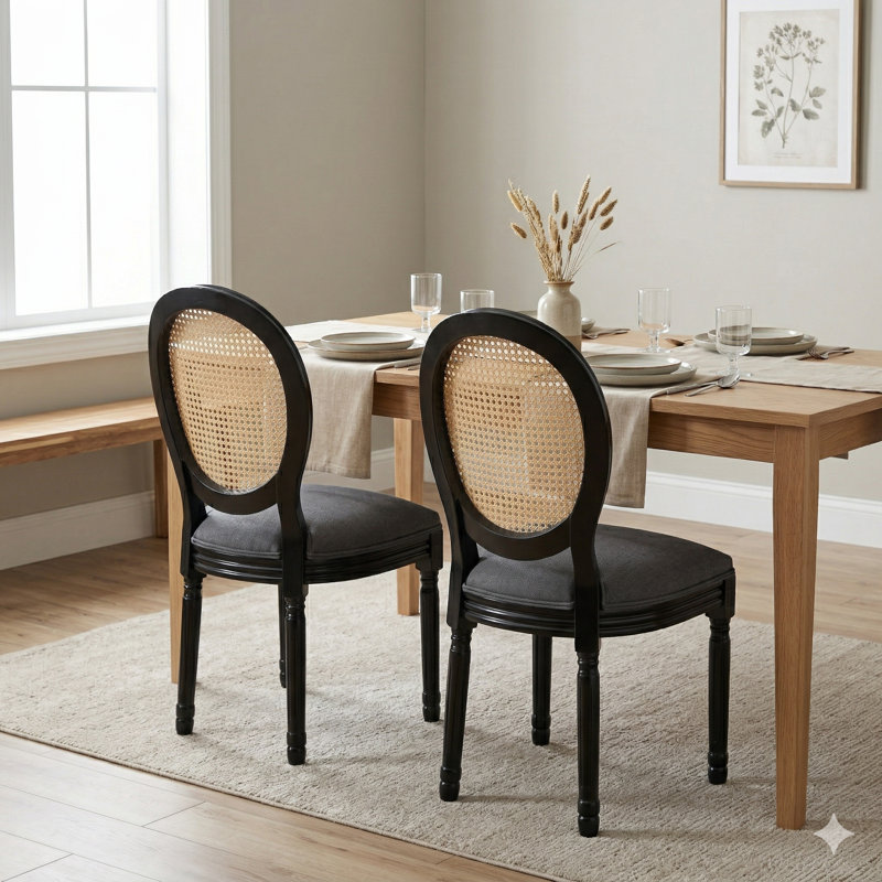 Ensemble de 2 chaises de salle à manger de style campagnard français, dossier en rotin, assise rembourrée, structure en bois massif