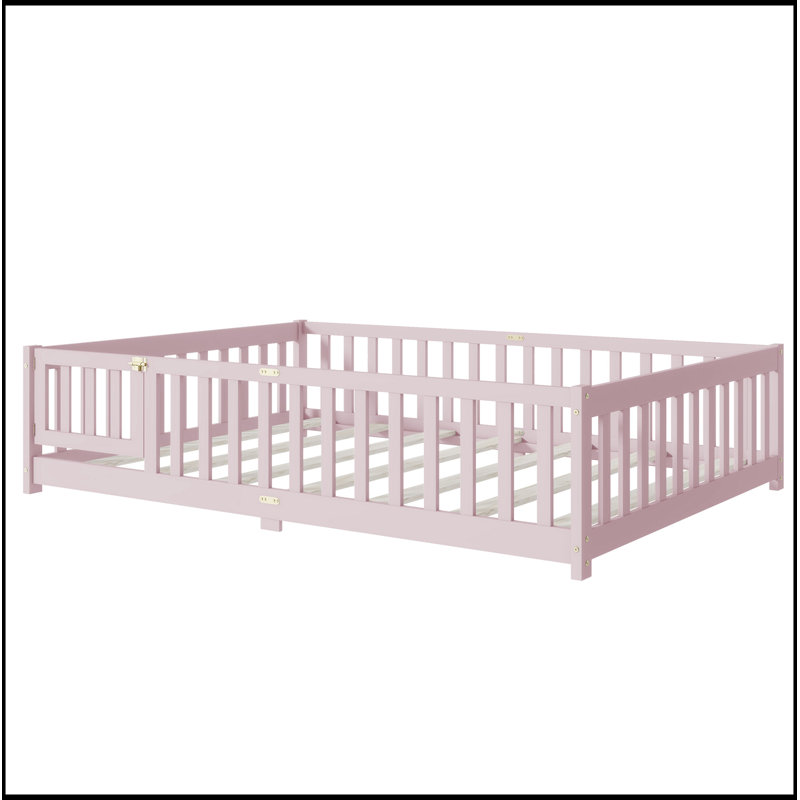 Full Size Floor Bed With Fence And Door,Rubber Wood Floor Bed With Safety Guardrails,Pink, Full, Pink