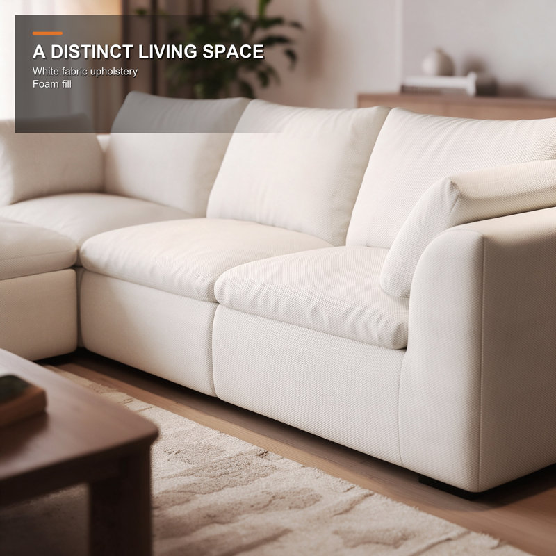 Canapé 3 places en lin blanc avec pouf, ensemble de canapé moderne rembourré