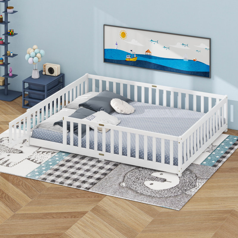 Queen Floor Bed With Safety Guardrails, White
