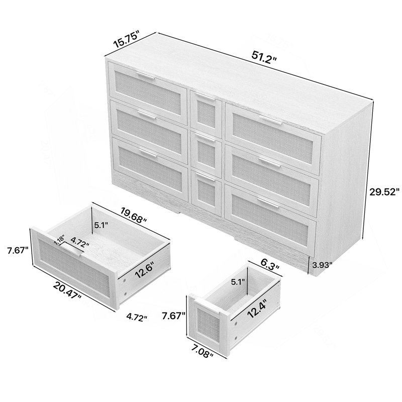 51.2 "Rattan Locker With Drawers, 9 Drawers, Metal Handles For Kitchen, Living Room, Bedroom, White