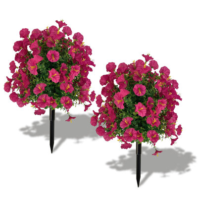2 Pack Artificial Ball Plants With Morning Glory Flowers, 21.62-in Outdoor Ball Plants Flower Shrubs with Ground Stake For Garden Ground Porch Decor, Rose