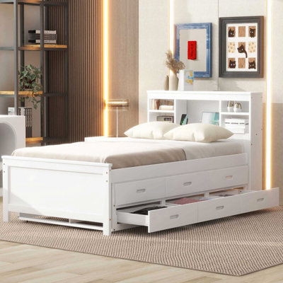 Platform Bed With Storage Headboard, Usb, Twin Size Trundle And 3 Drawers