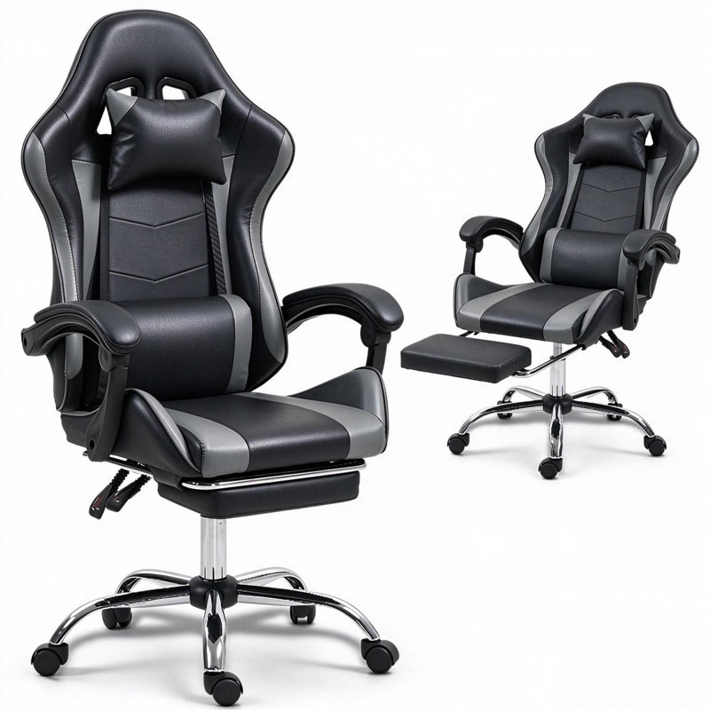 Gaming Chair with Massage Lumbar Support Ergonomic Video Game Chair for Adults, Adjustable Headrest & Footrest, 90-135° Recline, 360° Swivel, Grey