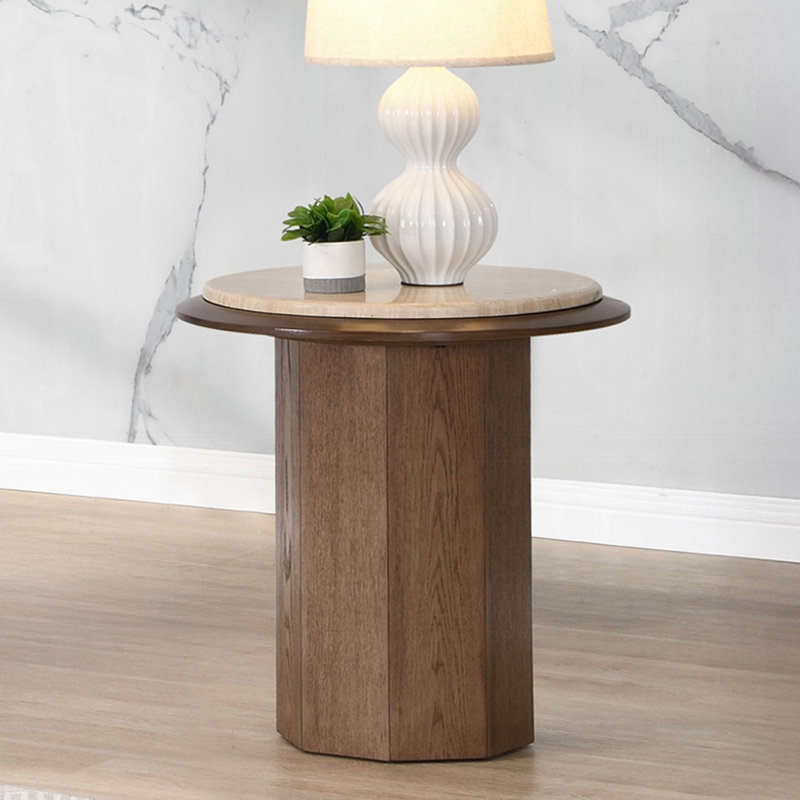 Table de bout en bois et pierre de travertin en noyer