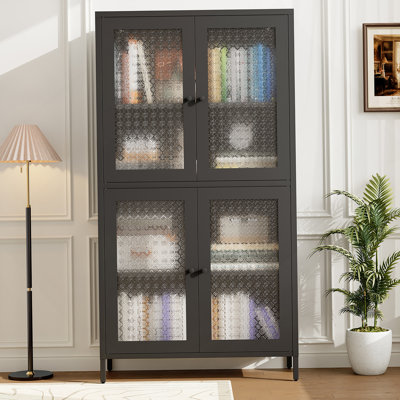Armoire de rangement classique en métal avec 4 portes en verre et 4 tablettes avec armoire et armoire autoportante pour bureau à domicile, salon, cuisine, couloir - verre trempé fleur de bégonia