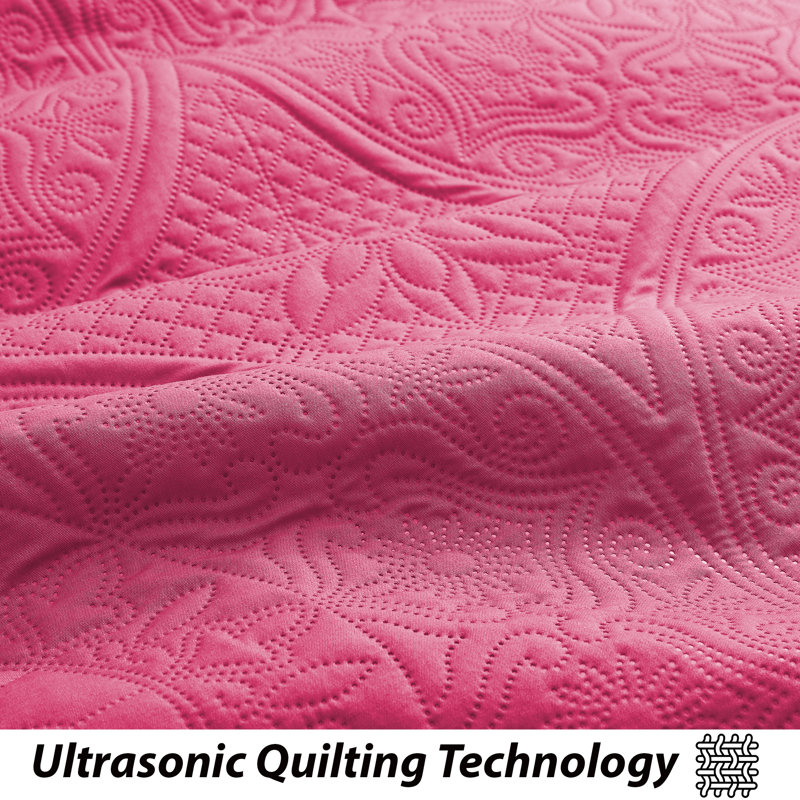 Floral Embossed Microfiber Quilted Bedspread Set, Pink, Queen Coverlet/Bedspread + 2 Standard Pillowcases