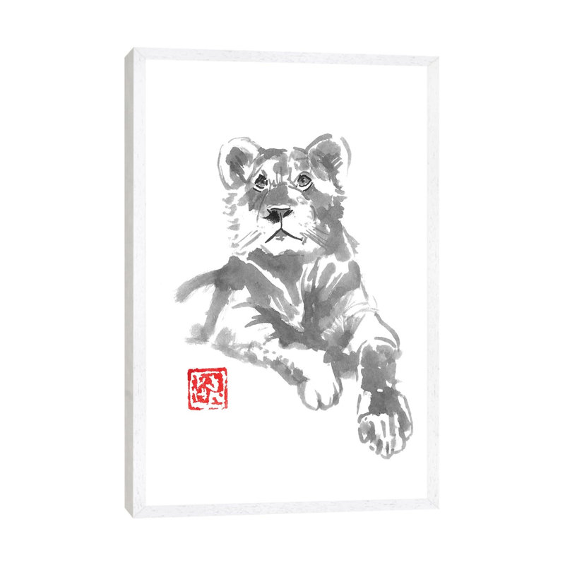 Lion Femaile by Péchane - Painting on Canvas, 66.04 cm H x 45.72 cm W, White Framed
