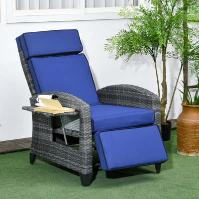 Fauteuil inclinable d'extérieur avec dossier réglable, coussin, bleu