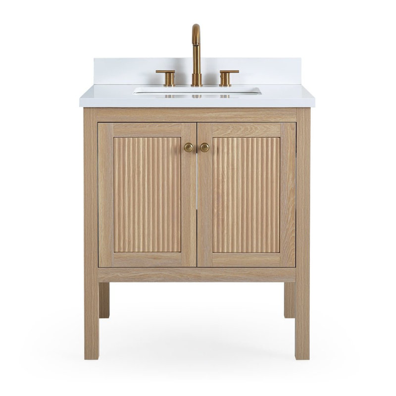 Meuble-lavabo sur pied moderne Sera de 76 cm (30 po) en chêne clair, de marque Tennant, avec lavabo simple et comptoir en quartz blanc, entièrement assemblé.