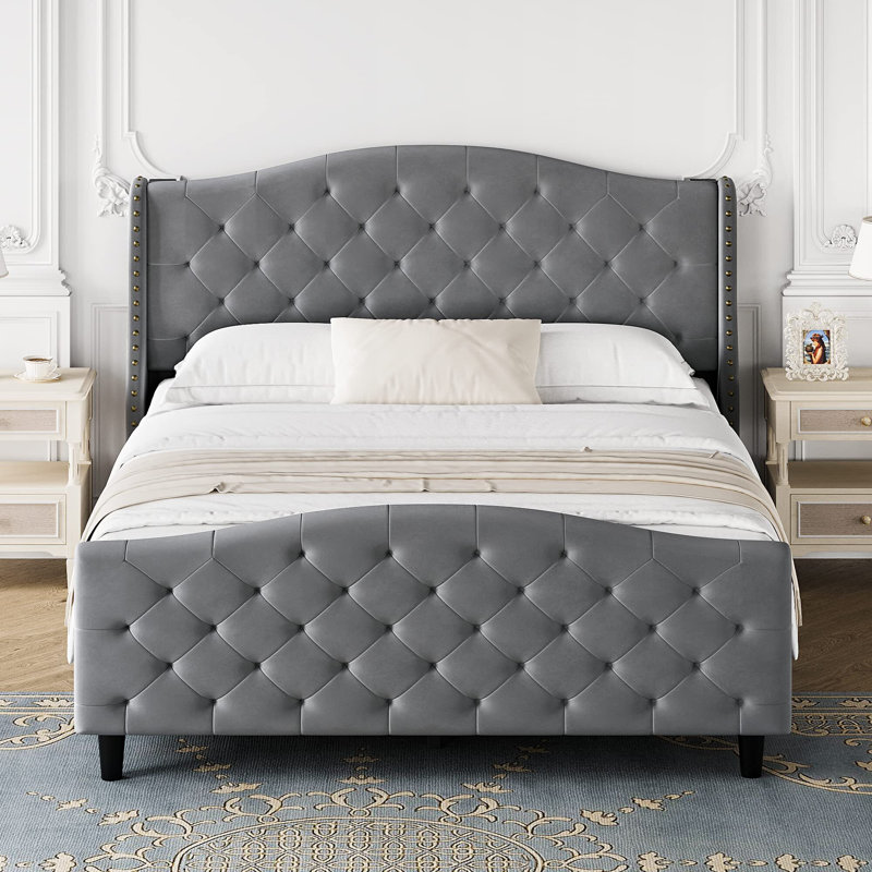 Lit plateforme capitonné Jaquail, gris, Grand