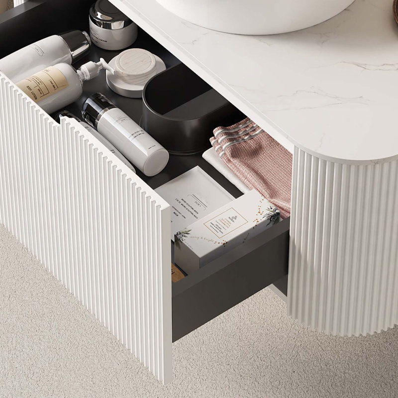 Meuble-lavabo mural flottant avec vasque en céramique blanche, motif en pierre et motif à rayures 3D pour les salles de bain modernes