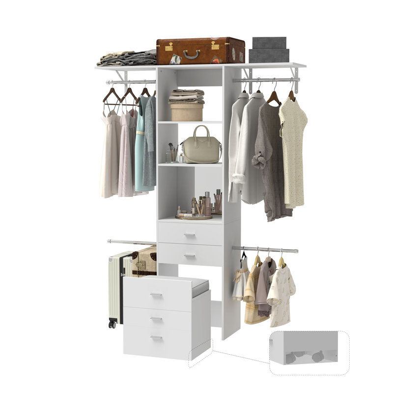 Tour réglable réglable pour garde-robe de 73 po avec tiroirs, tablettes et tiges de suspension extensibles, système de garde-robe ouvert pour espaces de 28,46 à 60,86 po, blanc