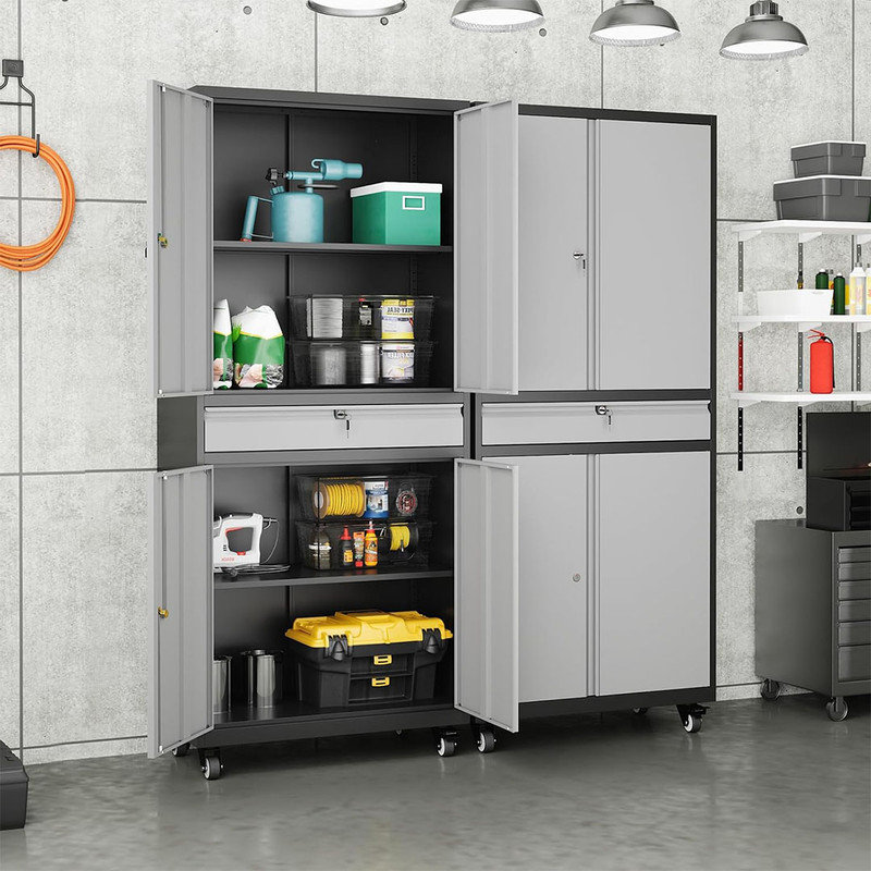Metal Garage Storage Cabinet with Locking Doors and Adjustable Shelves, Rolling Tool Storage Cabinet with 4 Wheels and 1 Drawer