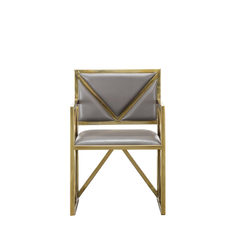 Clover Modern Gold Metal Armchair with Top Grain Brown Leather – Geometric Accent Chair , Gold