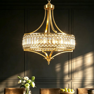 5-Light 20-Inch Modern Gold Drum Crystal Chandelier, Adjustable Height Pendant Light For Kitchen Island Dining Room Entryway