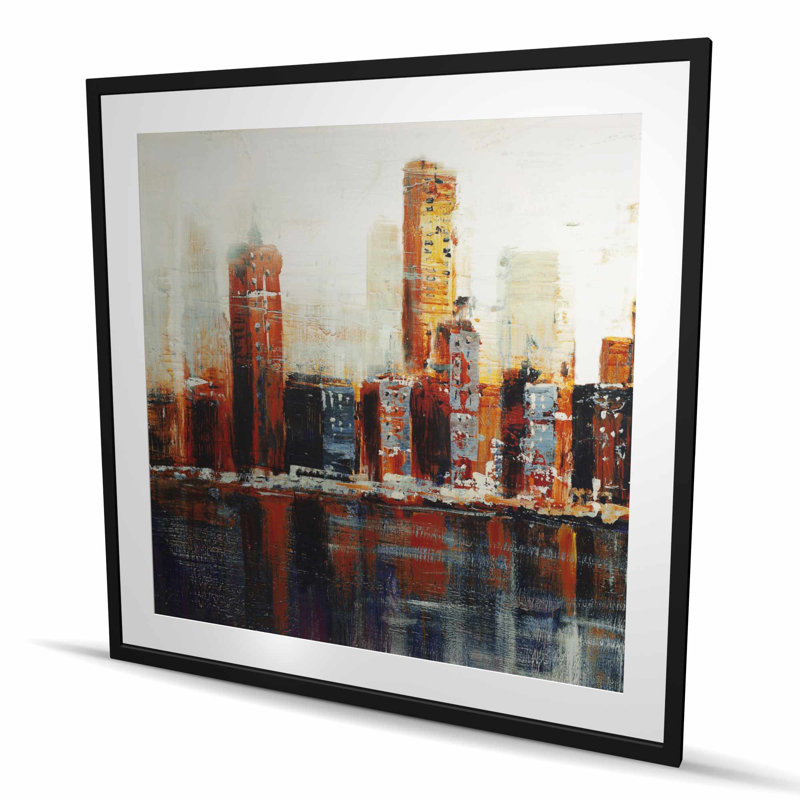 Abstrait paysage urbain rouge - reproduction encadrée mat pour le salon, H 48 po x l 48 po, Noir