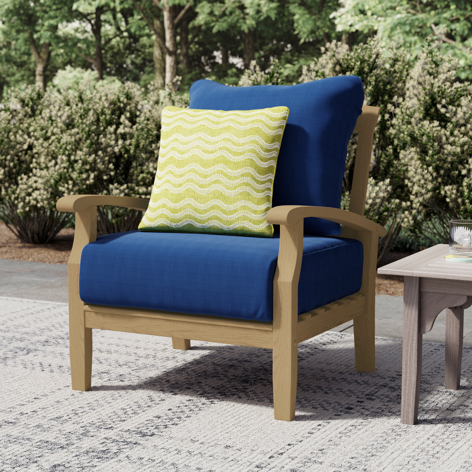 Summerton Teak Patio Chair with Cushions, Brown Frame/Navy Performance Olefin Cushion