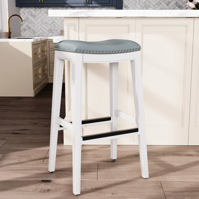 30" Bar Height Saddle Stool, White And Gray Leather, Offers A Comfortable Experience In Kitchen Or Stool With Frame Leather Seat, Enhances Modern Visual Appeal Of