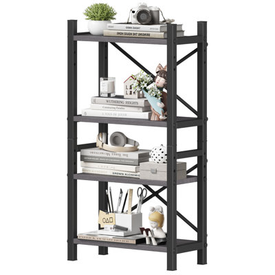 Étagère de bureau étroite à 4 niveaux, bibliothèque empilable et réglable, rangement de bureau de style industriel pour salon, chambre et bureau à domicile - Gris