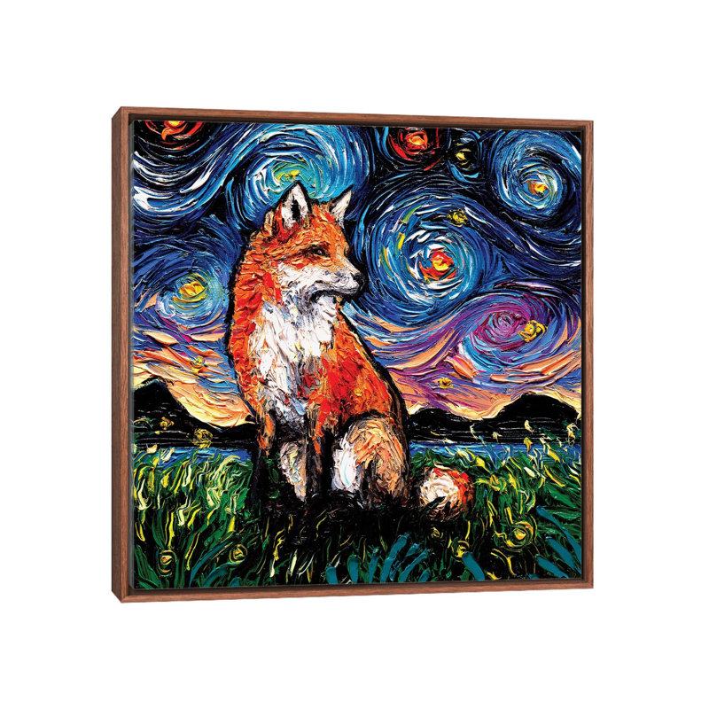 "Vulpine Night" par aja Trèves, reproduction d’art, H 26 po x l 26 po x P 1,5 po, Toile avec cadre en bois brun classique