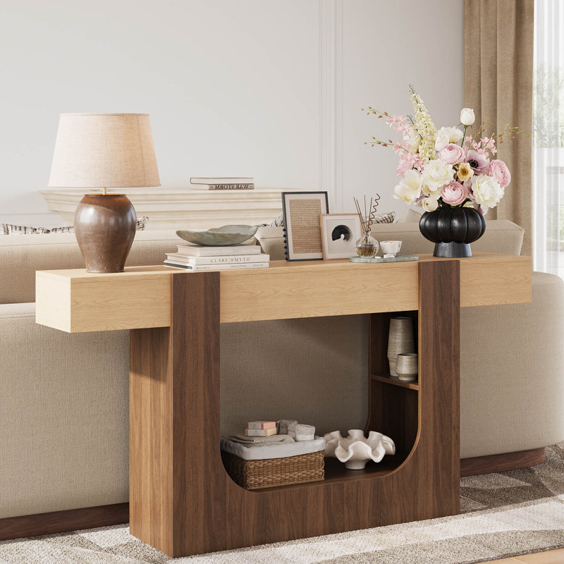 Console 62 po à deux tons en bois, base sculpturale en forme de U, table d'entrée Mid-Century moderne