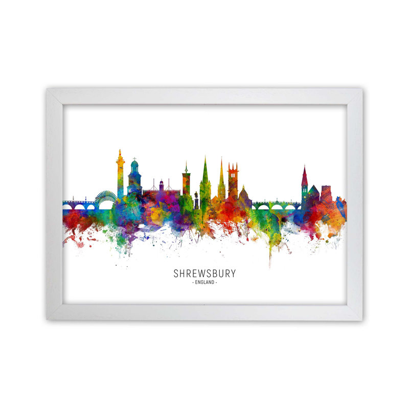 Shrewsbury England Skyline by Michael Tompsett - Print, 25cm H x 34cm W x 3cm D, White Framed