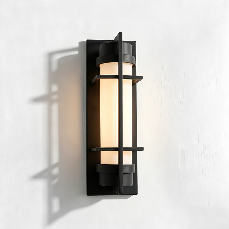15" H Outdoor Wall Sconce Matte Black with Etched Opal Glass, 14.5" H x 5" W x 5.5" D