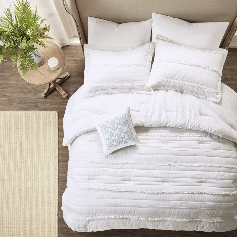 5 Piece Microfiber Ruffled Comforter For King, In Pure White Colour King Bed With Captivating Ruffles, White/Grey