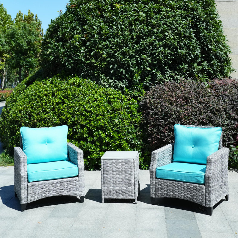 Ensemble de conversation en rotin avec coussins 3 pièces Juwaan, Cyan
