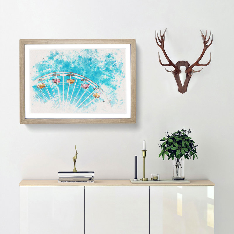 Santa Monica Pier Ferris Wheel - Picture Frame Painting Print, 24cm H x 33cm W x 2cm D, Oak Framed Framed