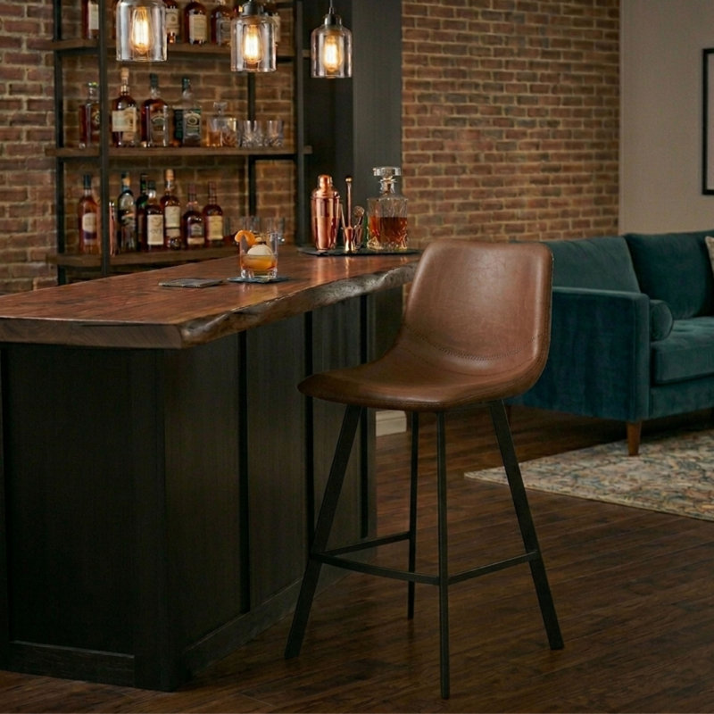 Latitude Run Modern Faux Leather Bar & Counter Stool – Armless PU Seat with Footrest, Iron Legs – Side Chair for Kitchen Island, Home Bar, Pub, Cafe, Dining Room