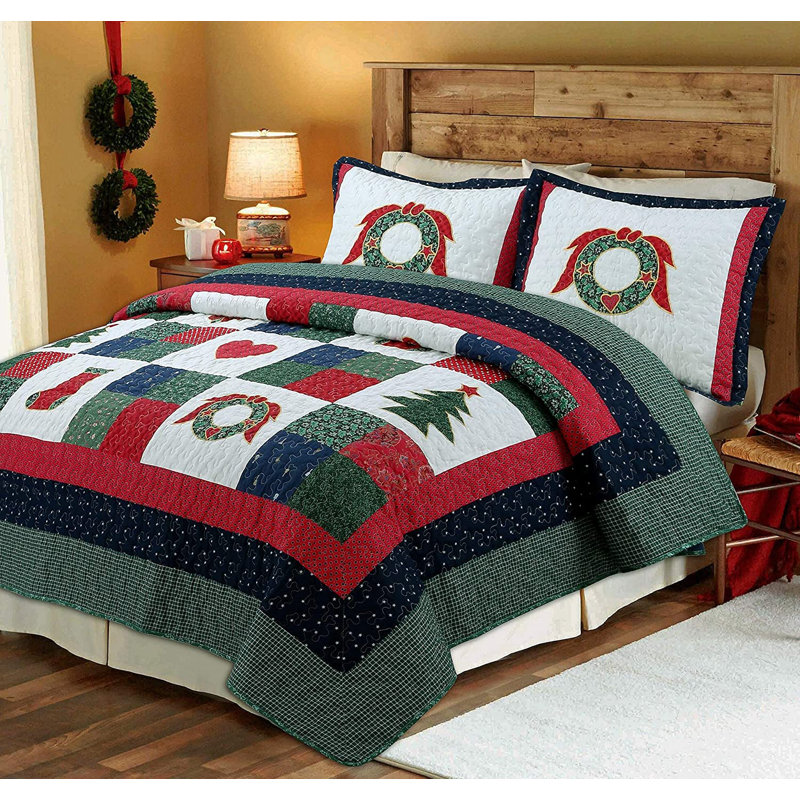 Happy Christmas Christmas Reversible Farmhouse Country Quilt Set, Twin Quilt + 1 Sham