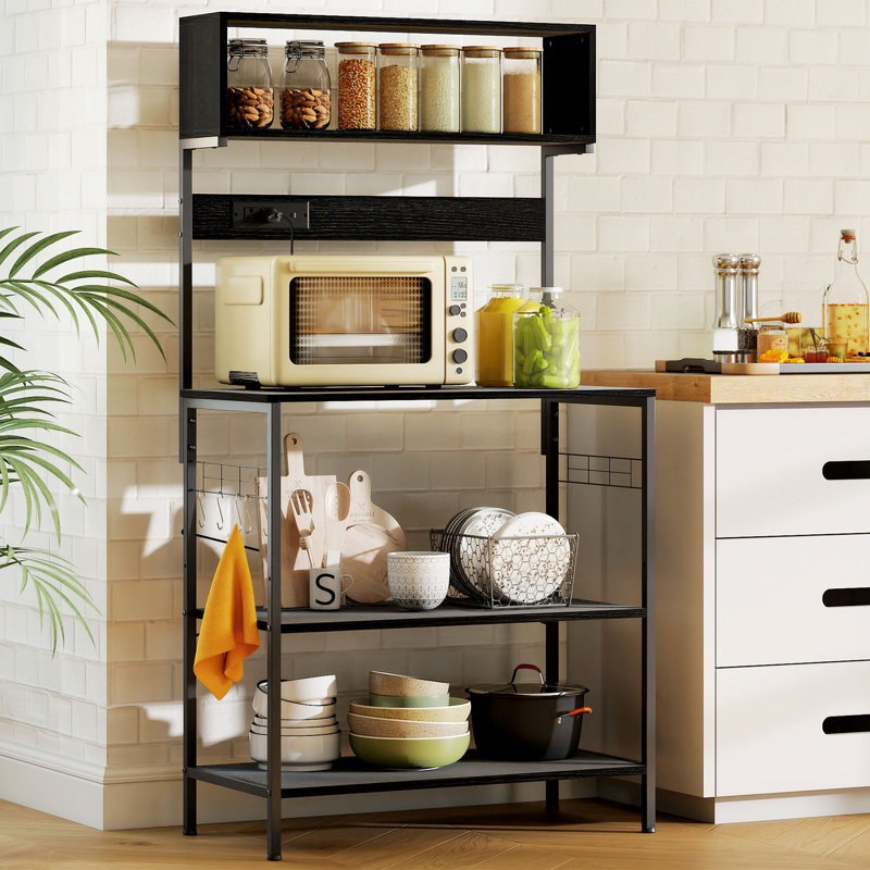 Étagère de boulanger avec prise de courant, chargeur USB, support pour micro-ondes, noir, H 60,2 po x l 31,5 po x P 16,5 po