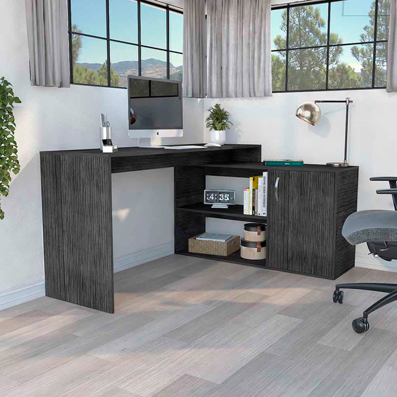 Axis Modern L-Shaped Computer Desk with Open & Closed Storage, Smokey Oak