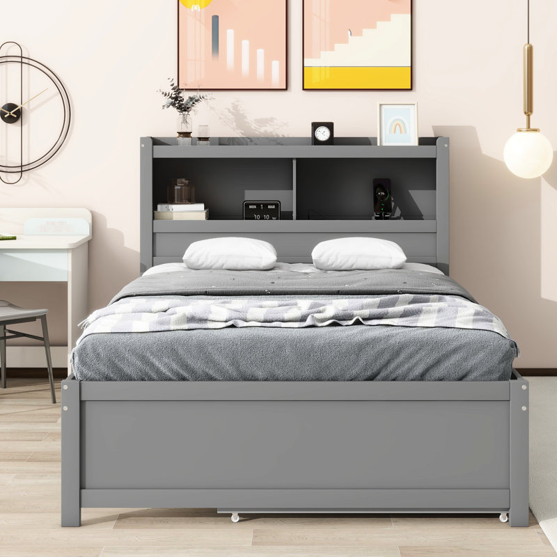 Lit double avec lit gigogne, configuration de rangement à tiroir et rangement pour la tête de lit, options grises, compartiments
