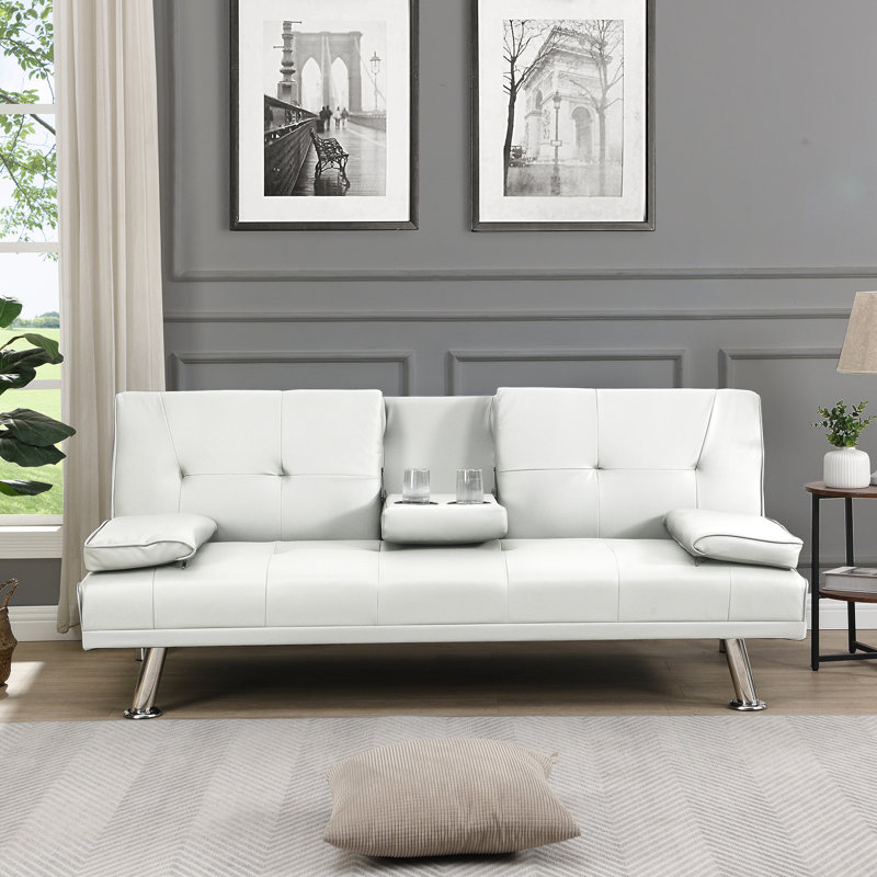 Lit futon, pied en acier inoxydable, cuir blanc, poids de 58,19 lb, cuir pour utilisateur 2 de 32,46 po de largeur, simple et compact