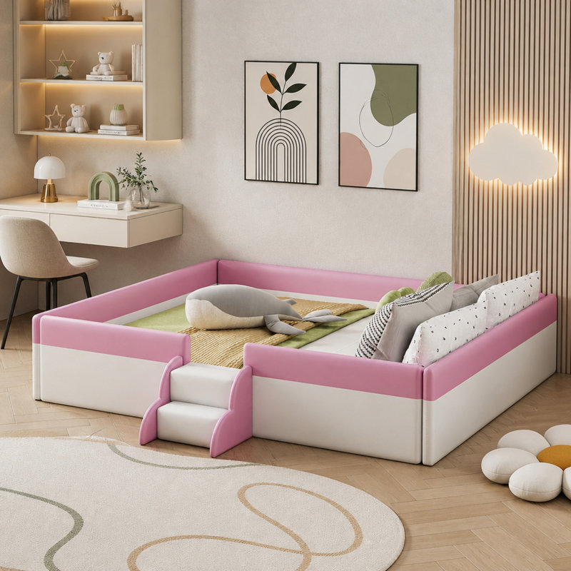 Lit de jour rembourré Queen Size, Grand lit, Rose et blanc
