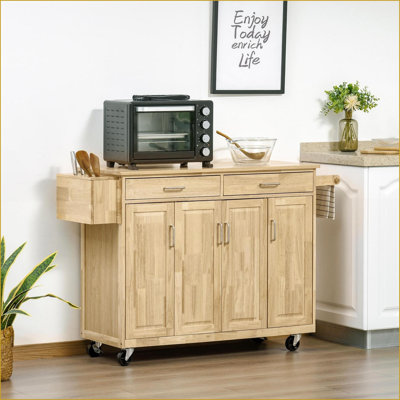 Îlot de cuisine avec roulettes, chariot en bois franc naturel de 54 po de largeur avec tiroirs, armoires Porte-outils | Bois naturel | Bois d'hévéa