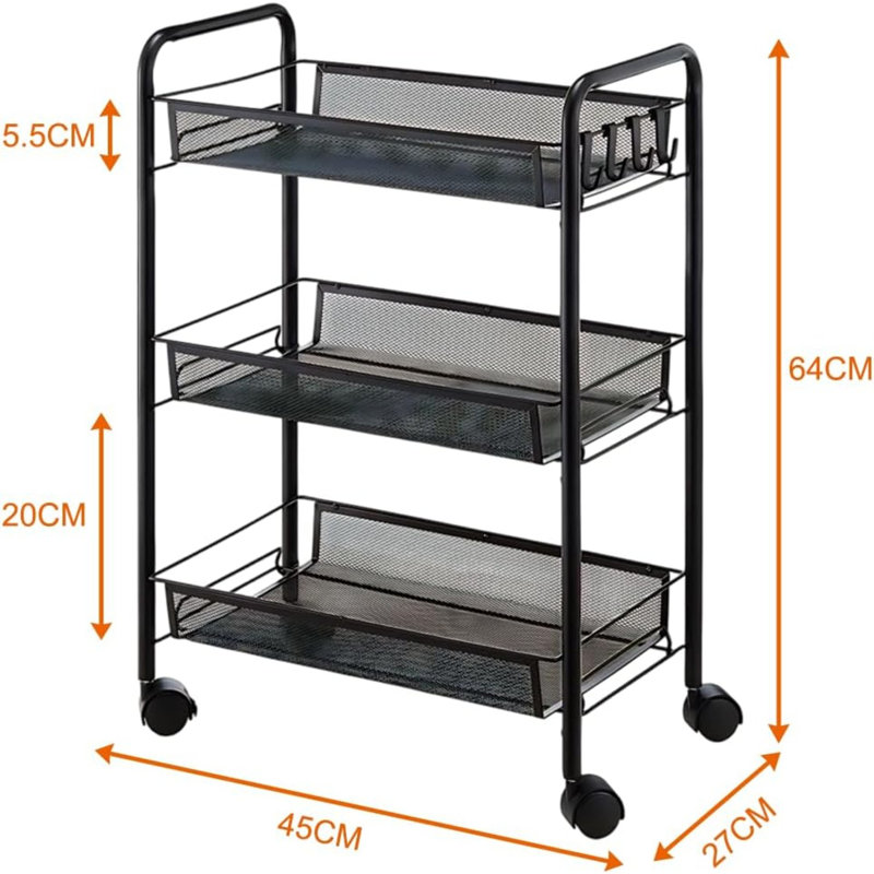 3-Tier Rolling Cart Easy Assemble Multipurpose Trolley On Wheels