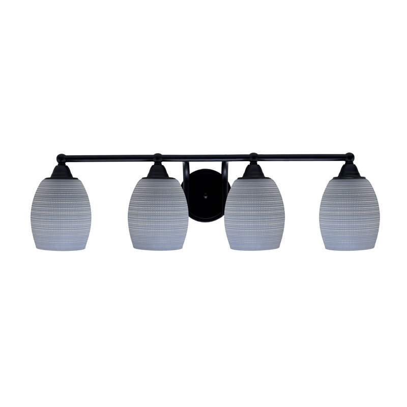 Barre d'éclairage de salle de bain 4 lumières Nauman avec fini noir mat et verre matricé gris de 5 po, Bleu grisâtre