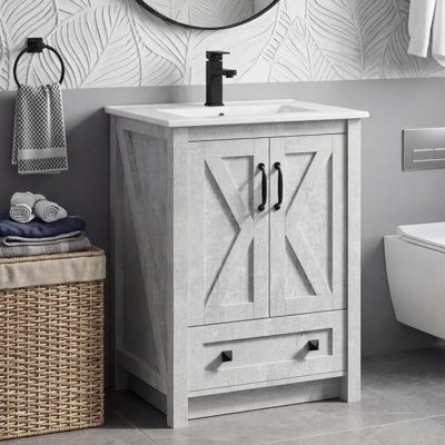 24-Inch Freestanding Bathroom Vanity with Ceramic Sink, Wooden Cabinet with Drawer & Soft-Close Doors, Moisture-Resistant Bathroom Sink Cabinet for Small Spaces, Cement Gray