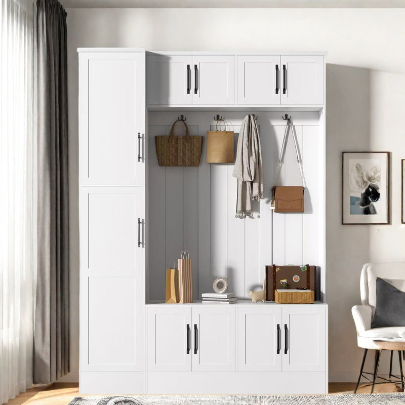 4-in-1 Tall Modern Hall Tree With Shoe Storage,  Cabinets, Coat Hooks, Metal Handles And Adjustable Shelves, White