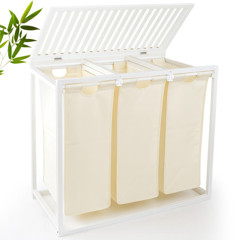 Laundry Hamper 3 Section with Lid, Pull-Out Removable Washable Bags, Laundry Sorter Basket for Bathroom Laundry Room, (White)