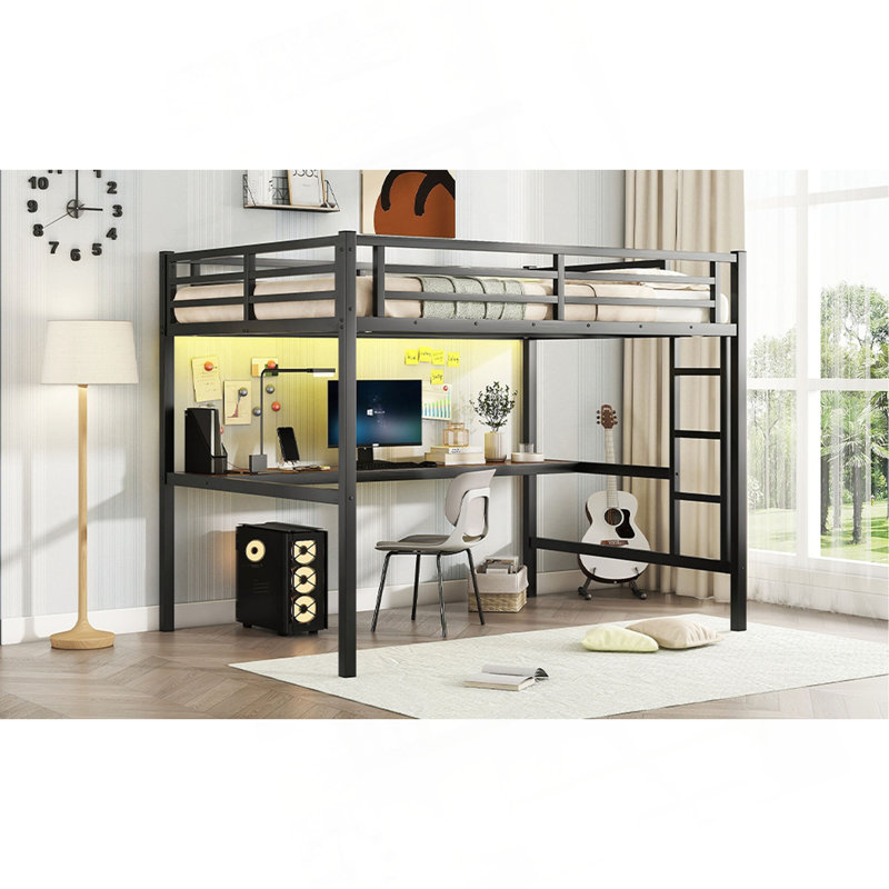 Lit mezzanine double en métal avec prise de courant et éclairage DEL, peu encombrant, noir