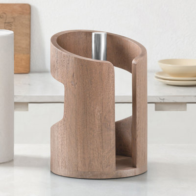 Wooden Paper Towel Holder with Negative Space Design for Kitchen and Table Decor, Anti Skid Base, Eco Friendly Mango Wood & Metal Rod - Biscotti / Nickel