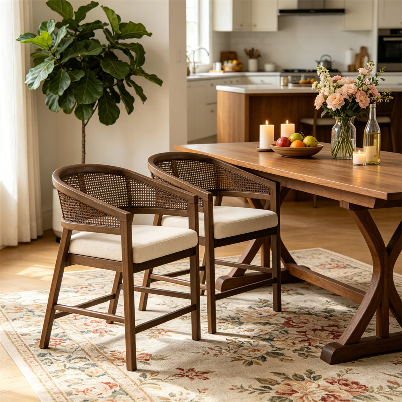 Tabouret de comptoir en bois avec dossier en rotin (ensemble de 2), Walnut